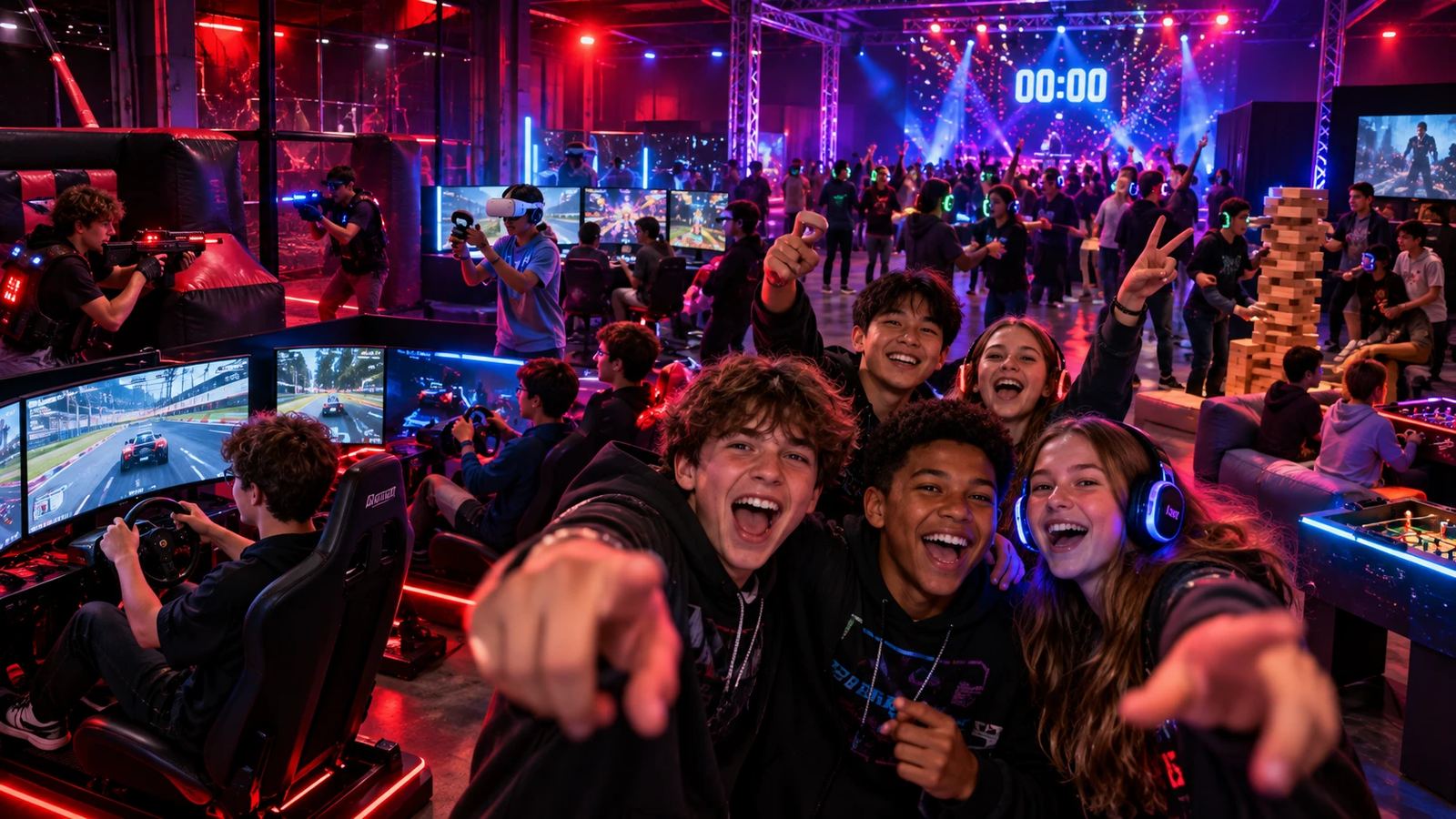 A New Year's Eve games night at full tilt: racing rigs, laser tag, VR, a jenga tower, headphones for the silent party and a midnight countdown on the big screen.
